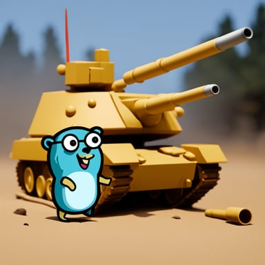 Go Blue Gopher blowing up a tank with a javelin.