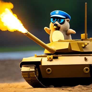 Go Blue Gopher blowing up a tank with a javelin.