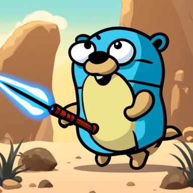Go Blue Gopher as a hero in an animated scene, bravely standing with a javelin in hand, showcasing courage and strength.