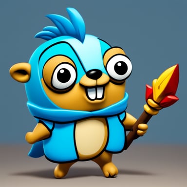 Go Blue Gopher as a hero in an animated scene, bravely standing with a javelin in hand, showcasing courage and strength.