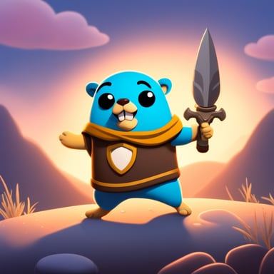 Go Blue Gopher as a hero in an animated scene, bravely standing with a javelin in hand, showcasing courage and strength.