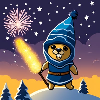 Go Blue Gopher, the Nordic warrior, lighting up the sky with fireworks over the village.