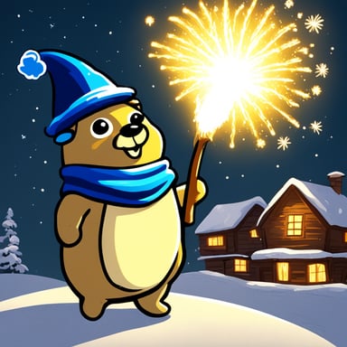 Go Blue Gopher, the Nordic warrior, lighting up the sky with fireworks over the village.