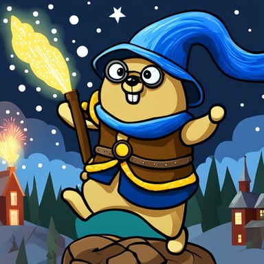 Go Blue Gopher, the Nordic warrior, lighting up the sky with fireworks over the village.