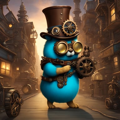 The Go Blue Gopher explored the steampunk city with curiosity, its gears and steam-powered gadgets whirring around it.