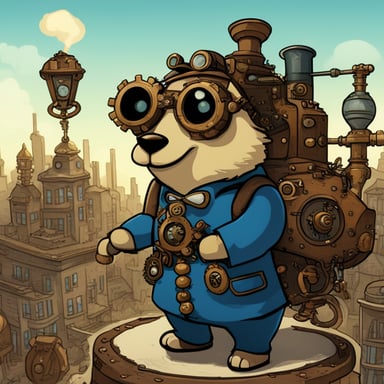 The Go Blue Gopher explored the steampunk city with curiosity, its gears and steam-powered gadgets whirring around it.