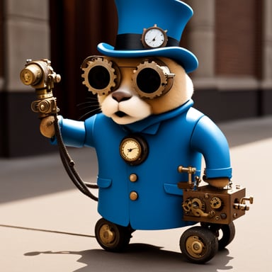 The Go Blue Gopher explored the steampunk city with curiosity, its gears and steam-powered gadgets whirring around it.