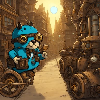 The Go Blue Gopher explored the steampunk city with curiosity, its gears and steam-powered gadgets whirring around it.