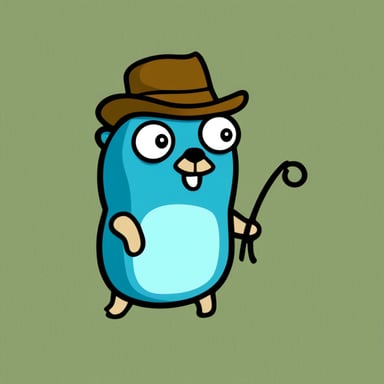 Go blue gopher, with a goatee and a bit overweight, wears a flat hat.