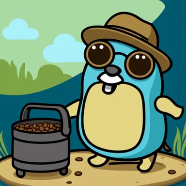 Go blue gopher, with a goatee and a bit overweight, wears a flat hat.