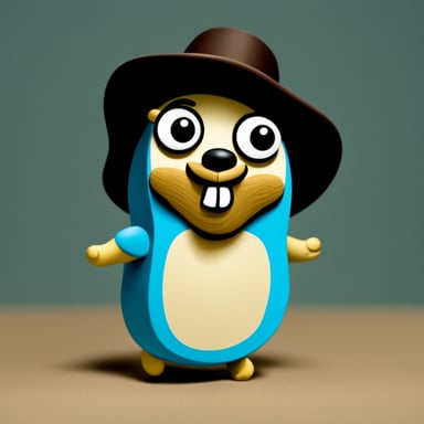 Go blue gopher, with a goatee and a bit overweight, wears a flat hat.