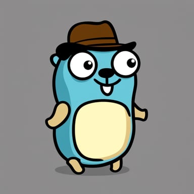 Go blue gopher, with a goatee and a bit overweight, wears a flat hat.