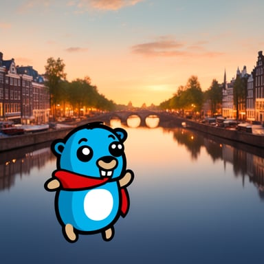 Create a blue logo for the Go Blue Gopher Meetup in Amsterdam, featuring Go Blue Gopher with the 3 red X's from Amsterdam's flag.