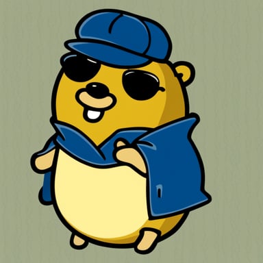 Go blue gopher, with a goatee and a bit overweight, wearing a peaked cap, is always ready for an adventure.