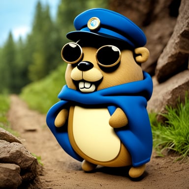 Go blue gopher, with a goatee and a bit overweight, wearing a peaked cap, is always ready for an adventure.