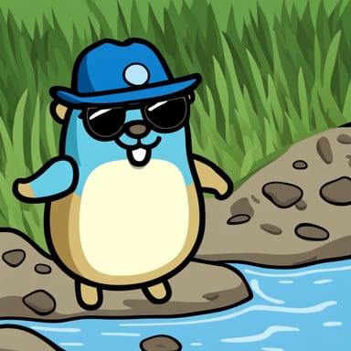 Go blue gopher, with a goatee and a bit overweight, wearing a peaked cap, is always ready for an adventure.