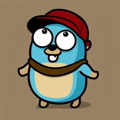 Go blue gopher, with a goatee and a bit overweight, wearing a peaked cap, is always ready for an adventure.