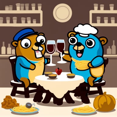 Go Blue Gopher and another gopher having a romantic dinner with pasta and wine.