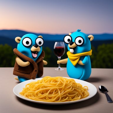 Go Blue Gopher and another gopher having a romantic dinner with pasta and wine.
