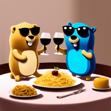 Go Blue Gopher and another gopher having a romantic dinner with pasta and wine.
