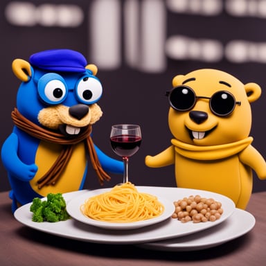 Go Blue Gopher and another gopher having a romantic dinner with pasta and wine.