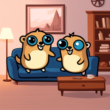 Two go blue gophers watching TV and hugging on the sofa.