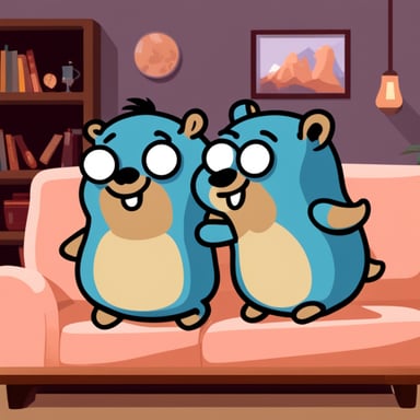 Two go blue gophers watching TV and hugging on the sofa.