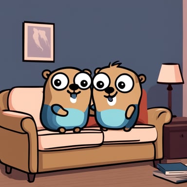 Two go blue gophers watching TV and hugging on the sofa.