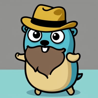 Go Blue Gopher, with a goatee and a bit overweight, wearing a flat hat while giving a speech during a conference.