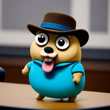 Go Blue Gopher, with a goatee and a bit overweight, wearing a flat hat while giving a speech during a conference.