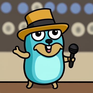 Go Blue Gopher, with a goatee and a bit overweight, wearing a flat hat while giving a speech during a conference.