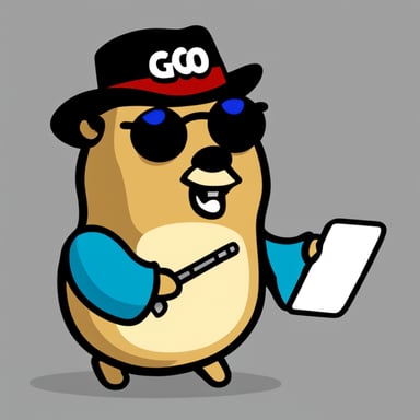 Go Blue Gopher, with a goatee and a bit overweight, wearing a flat hat while giving a speech during a conference.