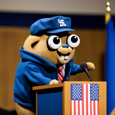 Go Blue Gopher, sporting a goatee and a bit on the heavier side, was seen wearing a peaked cap as he delivered a speech at a conference.