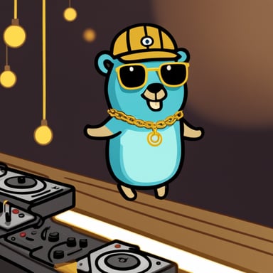 Go Blue Gopher DJing at a party wearing a gold chain.