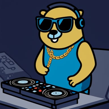 Go Blue Gopher DJing at a party wearing a gold chain.