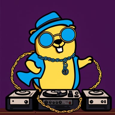 Go Blue Gopher DJing at a party wearing a gold chain.