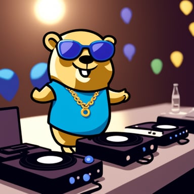 Go Blue Gopher DJing at a party wearing a gold chain.