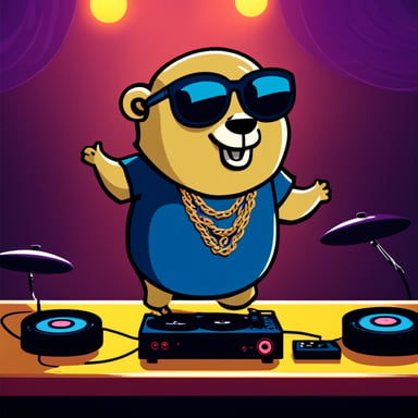 Go Blue Gopher DJing with vinyls at a party wearing a gold chain.