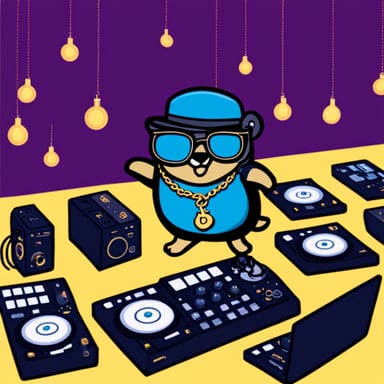 Go Blue Gopher DJing with vinyls at a party wearing a gold chain.