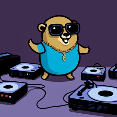 Go Blue Gopher DJing with vinyls at a party wearing a gold chain.