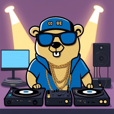 Go Blue Gopher DJing with vinyls at a party wearing a gold chain.