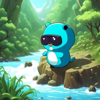 In a futuristic anime, the main character, Go Blue Gopher, embarks on a thrilling adventure through a world where technology and nature blend seamlessly.