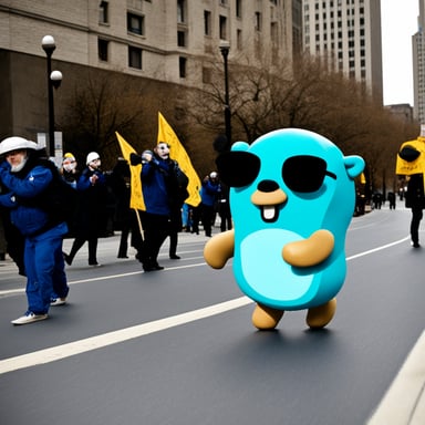 Go Blue Gopher marches in protest against dictatorship.