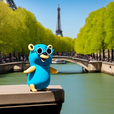 In Paris, Go Blue Gopher visits the Eiffel Tower and enjoys a sunny day by the Seine River.