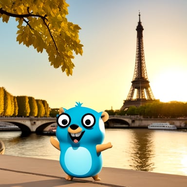 In Paris, Go Blue Gopher visits the Eiffel Tower and enjoys a sunny day by the Seine River.