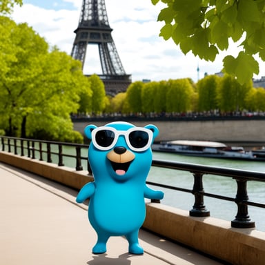 In Paris, Go Blue Gopher visits the Eiffel Tower and enjoys a sunny day by the Seine River.