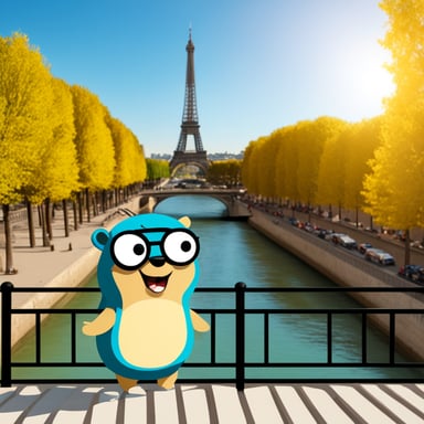 In Paris, Go Blue Gopher visits the Eiffel Tower and enjoys a sunny day by the Seine River.