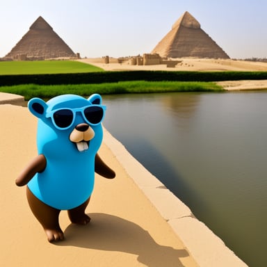 Go Blue Gopher, in the river Nile, looking at the pyramids of Giza.