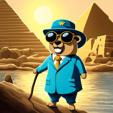 Go Blue Gopher, in the river Nile, looking at the pyramids of Giza.