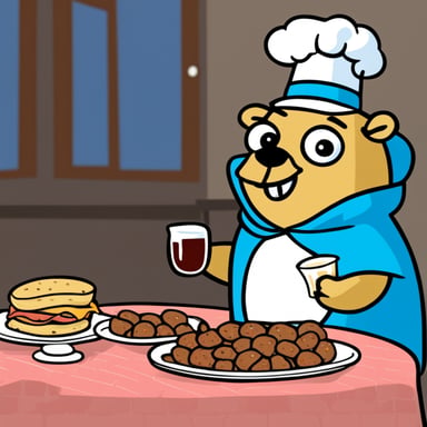 Go Blue Gopher enjoys a feast of Italian meats while engaging in a playful card game.
